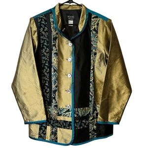Koos Of Course Asian Inspired Silk Jacket Teal Tan Paisley‎ Art to Wear Medium